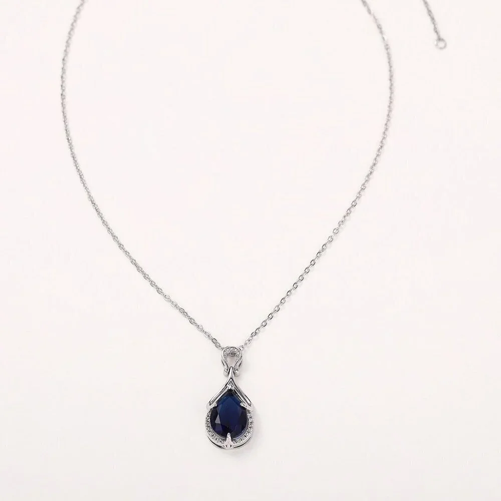 🎁 Silver Plating Blue Crystal Water Drop CZ Necklaces for Women, HA4470